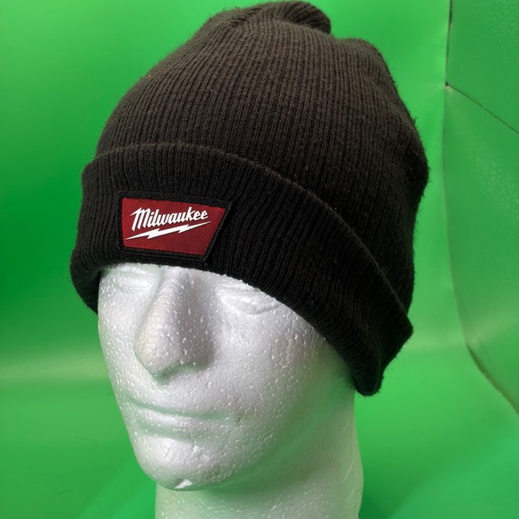Milwaukee Tools Black Ribbed Knit Beanie Hat OSFA Logo Patch Cuffed Watch Cap